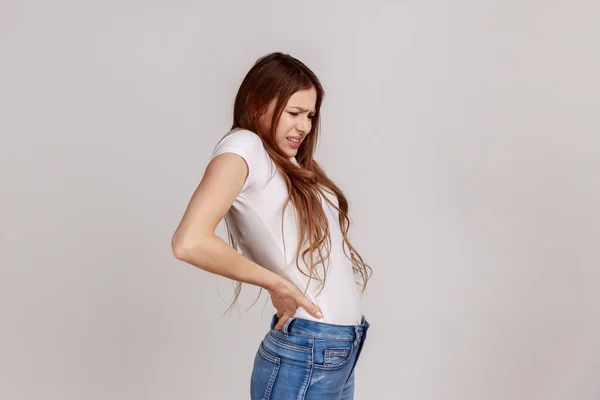 Portrait Young Adult Unhealthy Woman Suffering Lower Back Pain Pinched — 图库照片