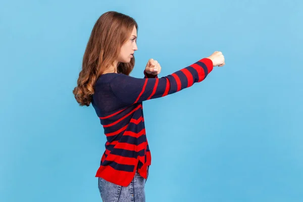 Side View Angry Aggressive Woman Wearing Striped Casual Style Sweater — Stock Photo, Image