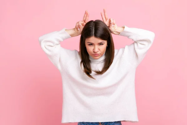 Aggressive Woman Holding Fingers Head Showing Horns Arrogant Stubborn Ready — Stockfoto