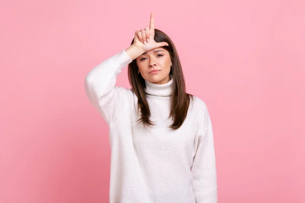 Depressed Woman Showing Loser Gesture Finger Sign Forehead Upset Dismissal — Fotografia de Stock