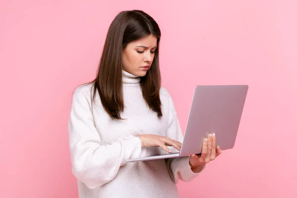 Side View Portrait Pensive Girl Works Online Looks Laptop Display — Foto Stock