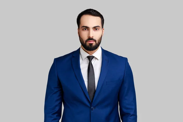 Self Confident Bearded Male Looking Camera Serious Expression Unsmiling Determined — Stock Photo, Image