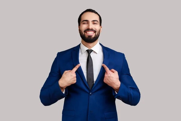 Portrait Bearded Man Toothy Smile Face Pointing Fingers Himself Confident — Stockfoto