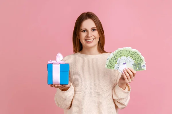 Portrait Happy Optimistic Woman Holding Wrapped Present Box Euro Banknotes — 图库照片
