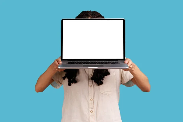 Portrait Unrecognizable Woman Hiding Her Face Laptop Blank Display Advertisement — 图库照片