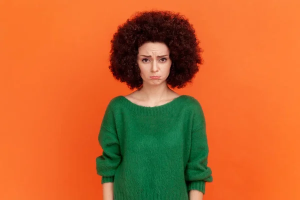 Sad Unhappy Woman Afro Hairstyle Wearing Green Casual Style Sweater — Fotografia de Stock