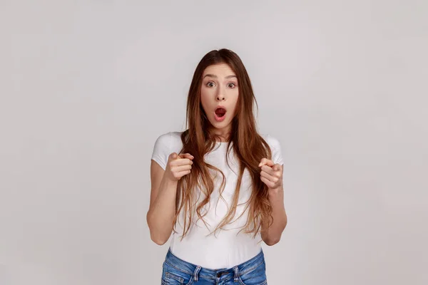 Wow Hey You Amazed Shocked Woman Pointing Finger Camera Looking — Foto Stock