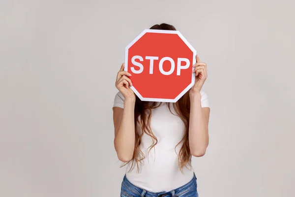 Unknown Woman Covering Face Stop Symbol Holding Red Traffic Sign — Foto de Stock