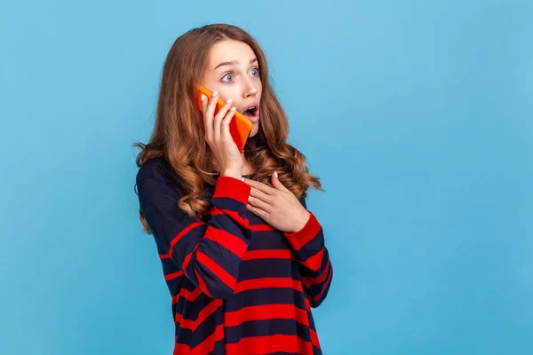 Shocked Woman Wearing Striped Casual Style Sweater Talking Phone Friend — 스톡 사진