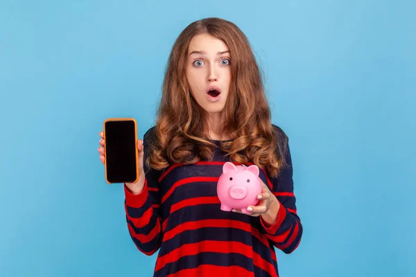 Shocked Woman Open Mouth Wearing Striped Casual Style Sweater Showing — Stock Fotó