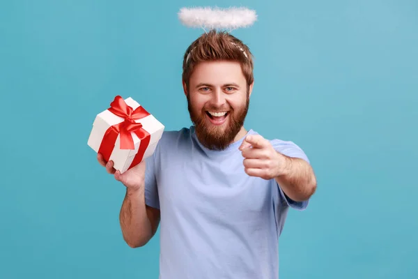 Portrait Bearded Angelic Man Holy Nimbus Kind Smile Holding Gift — Foto de Stock