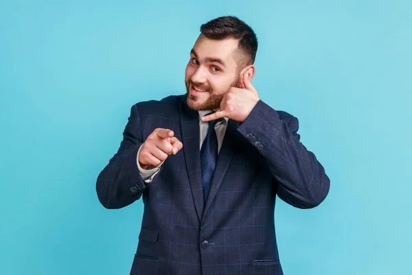 You Contact Portrait Positive Man Beard Dark Suit Making Gesture — стоковое фото