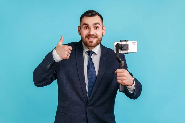 Portrait Smiling Handsome Man Beard Wearing Official Style Suit Using — Stockfoto