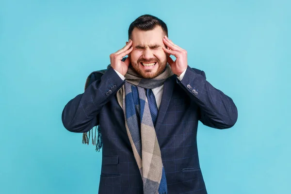 Portrait Bearded Sick Man Wearing Official Style Suit Wrapped Scarf — Stockfoto
