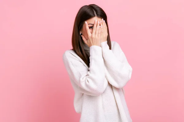 Curious Woman Looking Fingers Peeking Calm Face Having Suspicious Watching — Stock Fotó