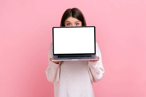 Shy Brunette Female Holding Notebook Hands Covering Half Face Laptop — Fotografia de Stock