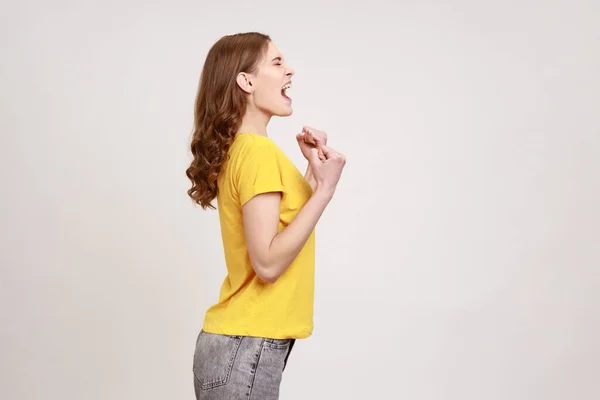 Happy Satisfied Teenager Girl Brown Hair Wearing Yellow Casual Shirt —  Fotos de Stock