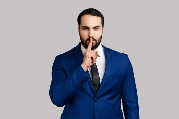 Shh Make Silence Pleas Serious Bearded Businessman Standing Showing Quiet — стоковое фото