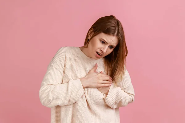 Portrait Blond Woman Frowning Touching Breast Risk Cancer Feeling Acute — Stock Photo, Image