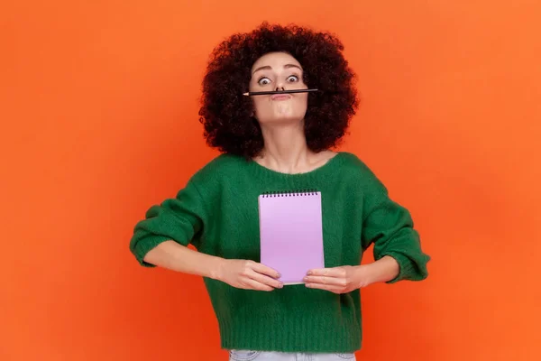 Funny Young Adult Woman Afro Hairstyle Wearing Green Sweater Having — 스톡 사진
