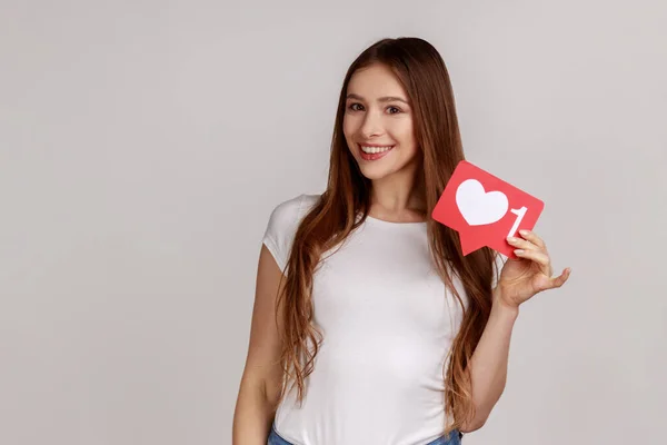 Button Social Media Smiling Woman Holding Heart Icon Recommending Follow — Fotografia de Stock