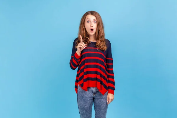 Excited Young Woman Wearing Striped Casual Style Sweater Standing Raised — Stock Fotó