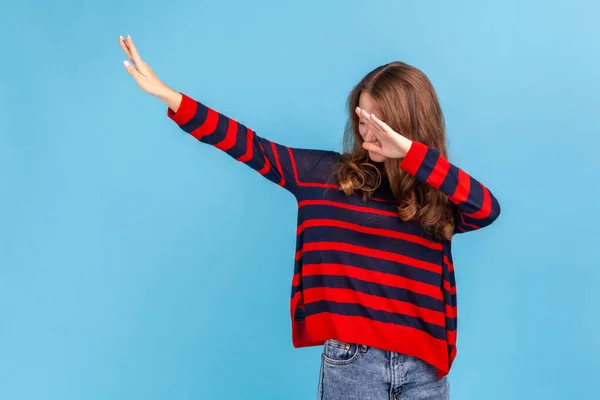 Winning Success Gesture Portrait Woman Striped Casual Style Sweater Showing — Stock fotografie