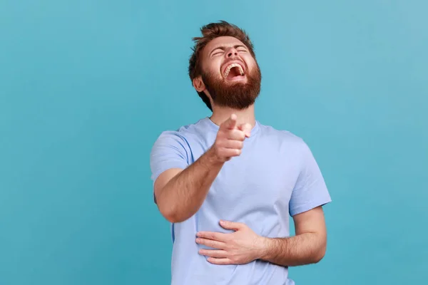 Hilarious Laughter Portrait Joyful Happy Bearded Man Laughing Loudly Pointing — Fotografia de Stock