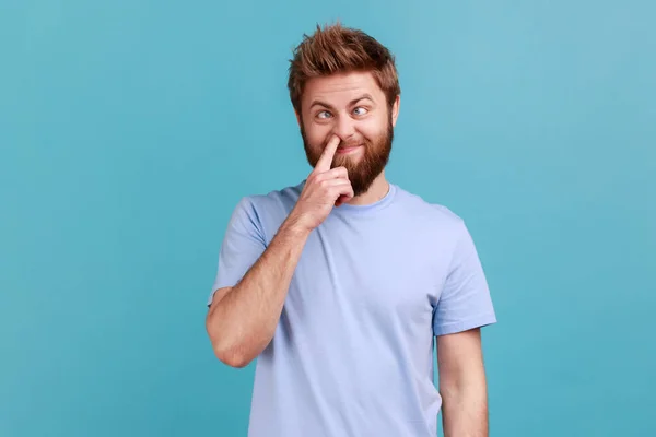 Misconduct Bad Manners Portrait Crazy Bearded Man Picking Nose Sticking — Stockfoto