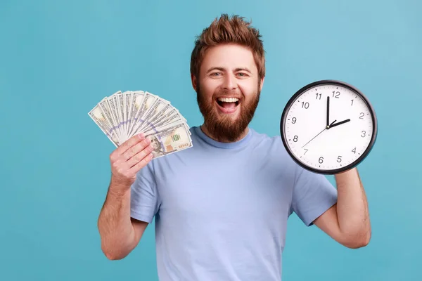 Portrait Positive Handsome Bearded Man Holding Big Fan Dollar Banknotes — Stok fotoğraf