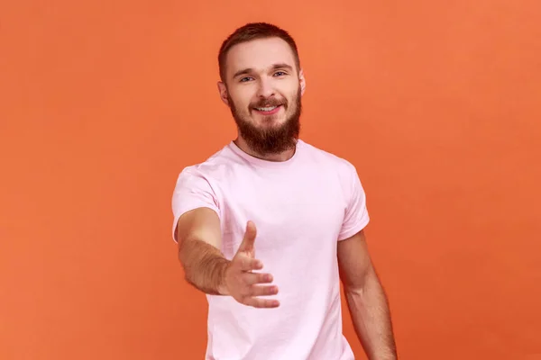 Portrait Bearded Man Standing Outstretched Hand Offering Handshake Partner Greeting — Φωτογραφία Αρχείου