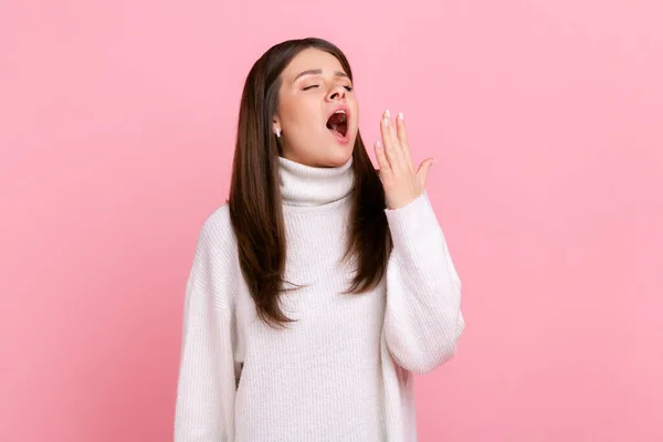 Sleepy Young Woman Standing Yawning Closed Eyes Covering Mouth Feeling — Stock Fotó