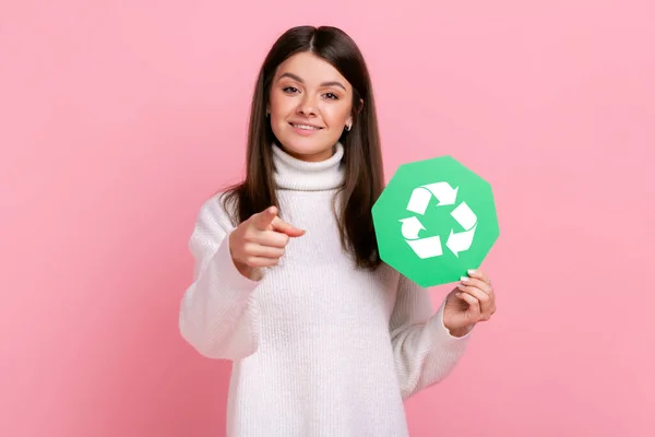 Female Holding Green Recycling Sign Pointing Camera Calls Our Planet — 스톡 사진