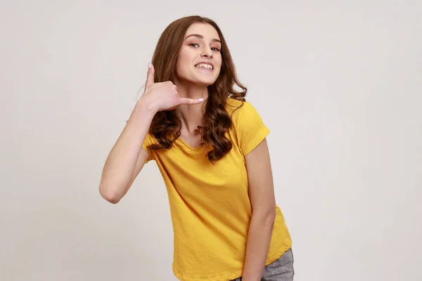 Call Portrait Happy Playful Teenager Girl Yellow Casual Shirt Doing —  Fotos de Stock