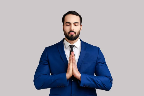 Portrait Calm Handsome Bearded Businessman Standing Yoga Pose Try Relaxing — Stockfoto