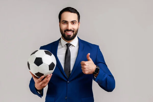 Satisfied Bearded Businessman Holding Soccer Ball His Hand Smiling Positive — ストック写真