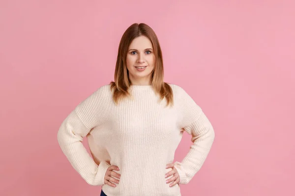 Portrait Confident Positive Attractive Blond Woman Standing Holding Hands Hips — Stockfoto