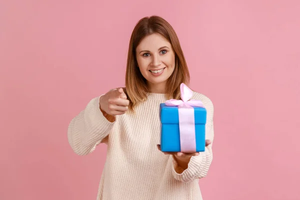 Satisfied Young Adult Blond Woman Standing Blue Gift Box Hands — Stock fotografie