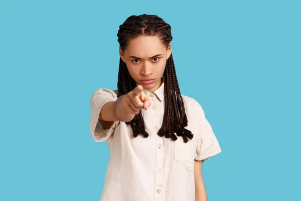 Serious Strict Woman Black Dreadlocks Looking Attentively Camera Pointing Directly — Fotografia de Stock