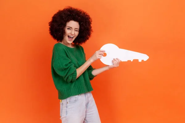 Emozionato Donna Stupita Con Acconciatura Afro Indossare Maglione Verde Stile — Foto Stock