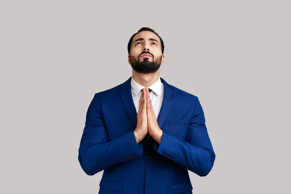 Portrait Handsome Bearded Man Praying Heartily Feeling Guilty Pleading Begging — Stock Photo, Image