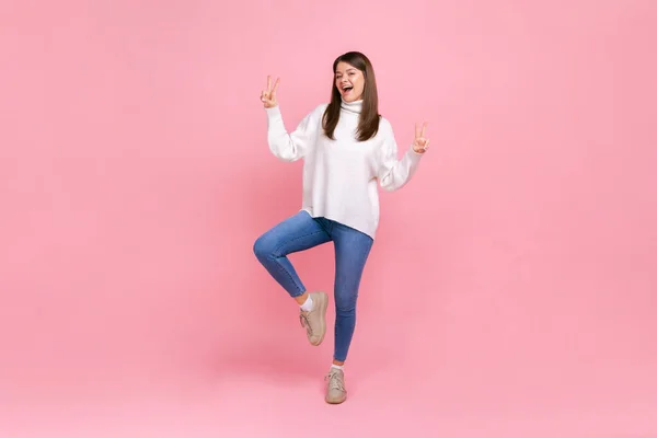 Full Length Portrait Happy Woman Doing Victory Gesture Showing Peace — Stock Photo, Image
