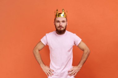 Sakallı adamın portresi egoistçe kameraya bakıyor, başında tacıyla poz veriyor, kral gibi davranıyor, ayrıcalıklı statüsü var, pembe tişört giyiyor. Turuncu arka planda kapalı stüdyo çekimleri.
