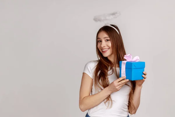 Portrait Happy Beautiful Angelic Young Woman Halo Holding Present Box — Stock Photo, Image