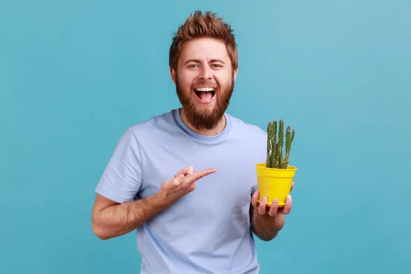 Portrait Positive Optimistic Bearded Man Shirt Holding Yellow Flower Pot — Stock Photo, Image