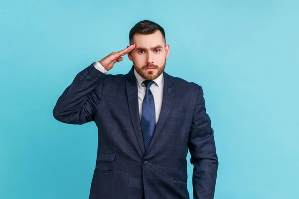 Yes Sir Serious Businessman Beard Wearing Official Style Suit Holding — Stock Photo, Image