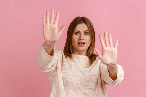 Portrait Scared Young Adult Blond Woman Gesturing Stop Palms Looking — Stock Photo, Image