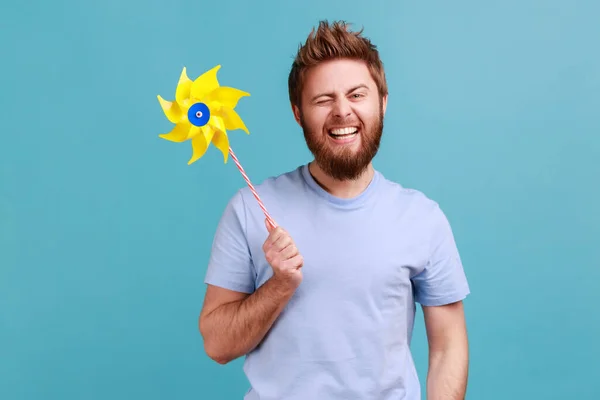 Portrait Positive Delighted Handsome Bearded Man Smiling Carefree Winking Camera — Stock Photo, Image