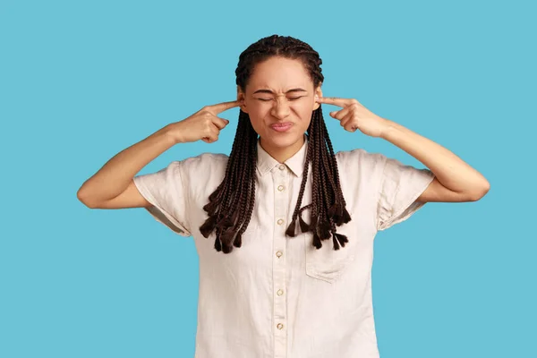 Dont Want Listen Annoyed Woman Hears Loud Noise Avoids Unpleasant — Stock Photo, Image