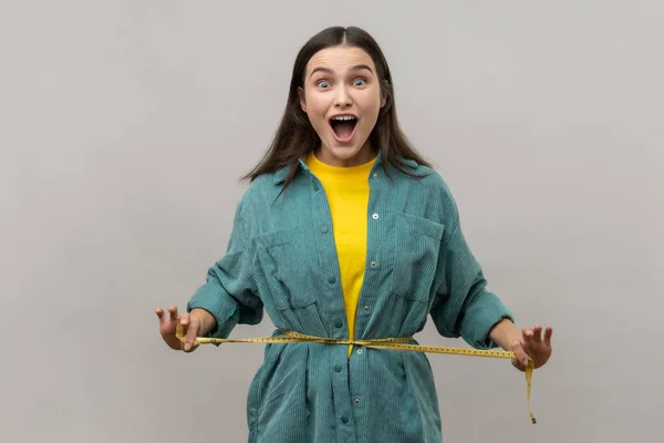 Portrait Satisfied Happy Slim Woman Holding Waist Tape Measure Looking — Stock Photo, Image